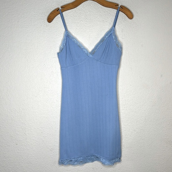 Urban Outfitters Lace Trim Knit Slip Dress Grunge 90s Blue Sz SML Y2K - Picture 7 of 16